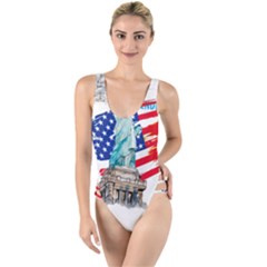 Statue Of Liberty Independence Day Poster Art High Leg Strappy Swimsuit by Sudhe