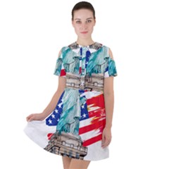 Statue Of Liberty Independence Day Poster Art Short Sleeve Shoulder Cut Out Dress  by Sudhe