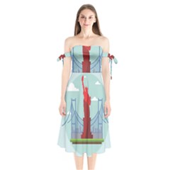 New-york-usa-liberty-landmark Shoulder Tie Bardot Midi Dress by Sudhe