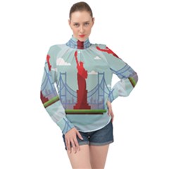 New-york-usa-liberty-landmark High Neck Long Sleeve Chiffon Top by Sudhe