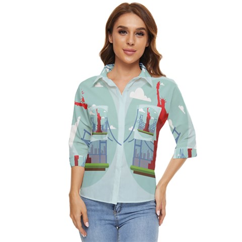 New-york-usa-liberty-landmark Women s Quarter Sleeve Pocket Shirt by Sudhe