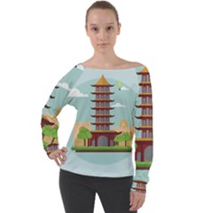 China-landmark-landscape-chinese Off Shoulder Long Sleeve Velour Top by Sudhe