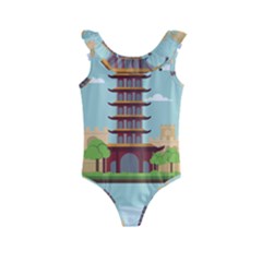 China-landmark-landscape-chinese Kids  Frill Swimsuit by Sudhe