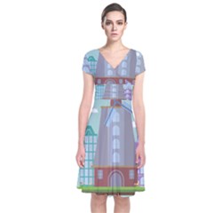 Amsterdam-landmark-landscape Short Sleeve Front Wrap Dress by Sudhe