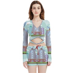 Amsterdam-landmark-landscape Velvet Wrap Crop Top And Shorts Set by Sudhe