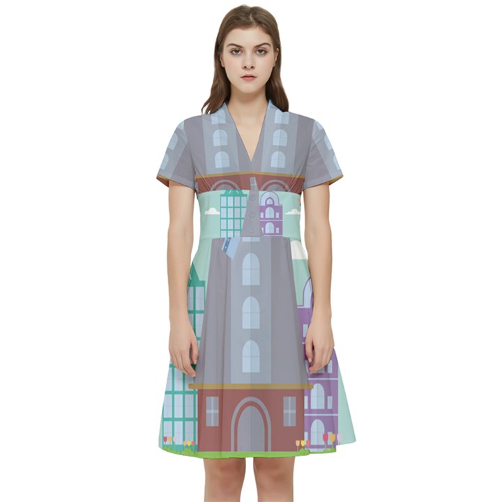 Amsterdam-landmark-landscape Short Sleeve Waist Detail Dress