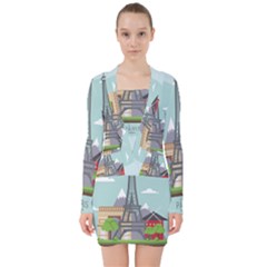 Paris-france-french-europe-travel V-neck Bodycon Long Sleeve Dress by Sudhe