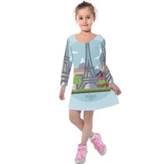 Paris-france-french-europe-travel Kids  Long Sleeve Velvet Dress by Sudhe