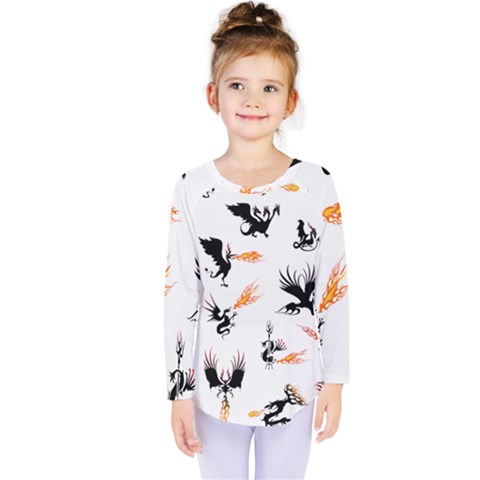 Dragon-phoenix-fire-bird-ancient Kids  Long Sleeve Tee by Sudhe