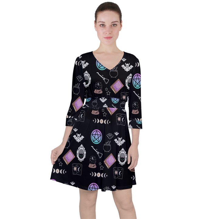 Pastel Goth Witch Quarter Sleeve Ruffle Waist Dress