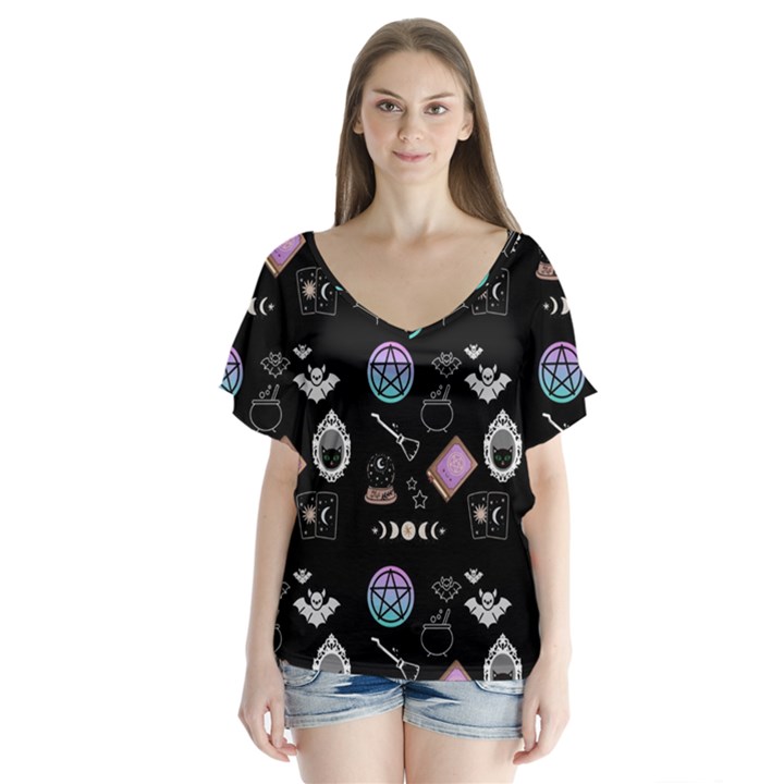 Pastel Goth Witch V-Neck Flutter Sleeve Top