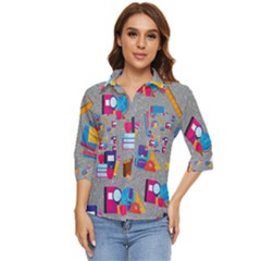 80s And 90s School Pattern Women s Quarter Sleeve Pocket Shirt