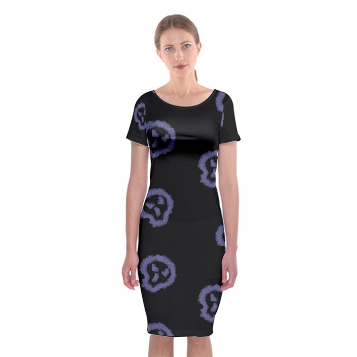 Purple Skulls On Dark Background Classic Short Sleeve Midi Dress