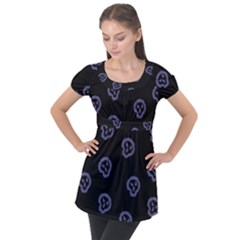 Purple Skulls On Dark Background Puff Sleeve Tunic Top by SychEva