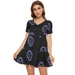 Purple Skulls On Dark Background Tiered Short Sleeve Mini Dress