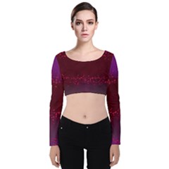 Red Splashes On Purple Background Velvet Long Sleeve Crop Top by SychEva