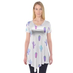 Purple And Blue Cacti Short Sleeve Tunic  by SychEva