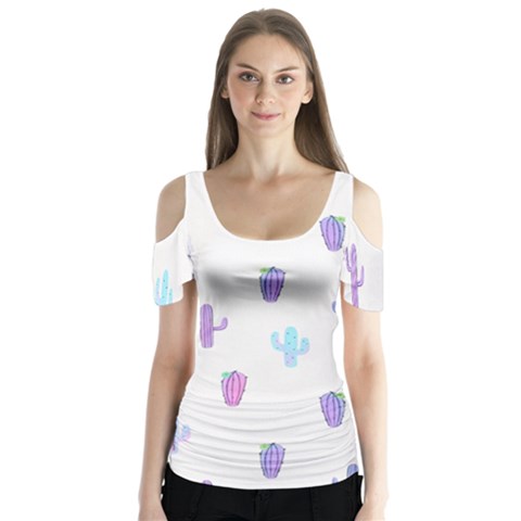 Purple And Blue Cacti Butterfly Sleeve Cutout Tee  by SychEva