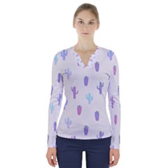 Purple And Blue Cacti V-neck Long Sleeve Top by SychEva