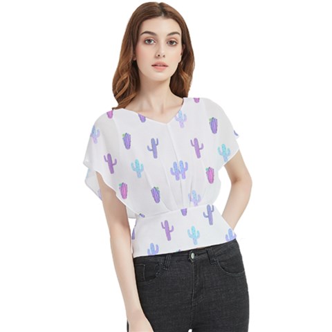 Purple And Blue Cacti Butterfly Chiffon Blouse by SychEva