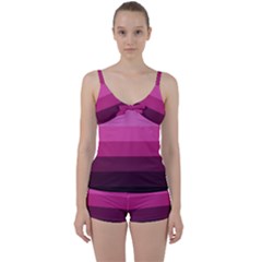 Pink Gradient Stripes Tie Front Two Piece Tankini by Dazzleway