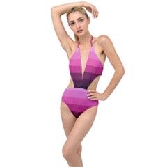 Pink Gradient Stripes Plunging Cut Out Swimsuit by Dazzleway