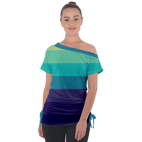 Blue Gradient Stripes  Off Shoulder Tie-up Tee by Dazzleway