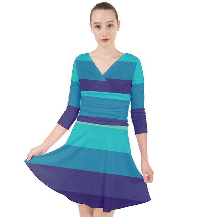 Blue gradient stripes  Quarter Sleeve Front Wrap Dress