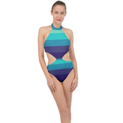 Blue Gradient Stripes  Halter Side Cut Swimsuit by Dazzleway