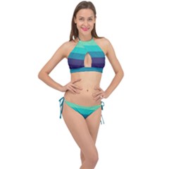 Blue Gradient Stripes  Cross Front Halter Bikini Set by Dazzleway