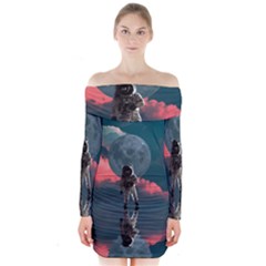 Astronaut-moon-space-nasa-planet Long Sleeve Off Shoulder Dress by Sudhe