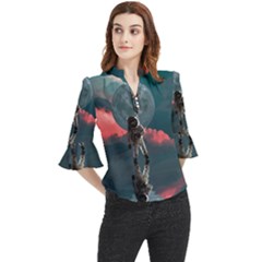 Astronaut-moon-space-nasa-planet Loose Horn Sleeve Chiffon Blouse