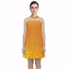 Beer Bubbles Pattern Velvet Halter Neckline Dress  by Sudhe