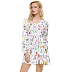 Flower Floral Pattern Tiered Long Sleeve Mini Dress