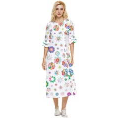 Flower Floral Pattern Double Cuff Midi Dress