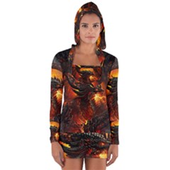 Dragon Fire Fantasy Art Long Sleeve Hooded T-shirt by Sudhe