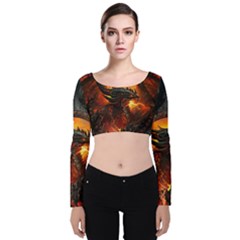 Dragon Fire Fantasy Art Velvet Long Sleeve Crop Top by Sudhe