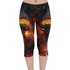 Dragon Fire Fantasy Art Velvet Capri Leggings  by Sudhe