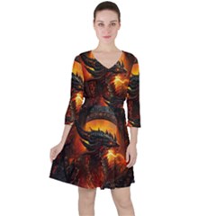 Dragon Fire Fantasy Art Quarter Sleeve Ruffle Waist Dress by Sudhe