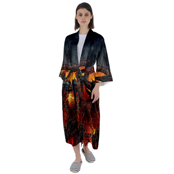 Dragon Fire Fantasy Art Maxi Satin Kimono