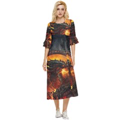 Dragon Fire Fantasy Art Double Cuff Midi Dress