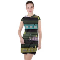 Narrow-boats-scene-pattern Drawstring Hooded Dress by Sudhe