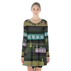 Narrow-boats-scene-pattern Long Sleeve Velvet V-neck Dress by Sudhe