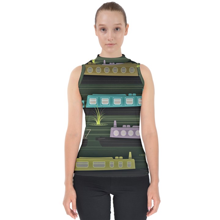 Narrow-boats-scene-pattern Mock Neck Shell Top