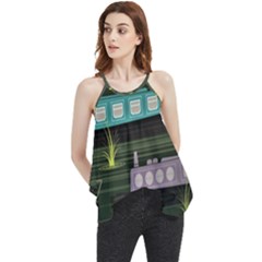 Narrow-boats-scene-pattern Flowy Camisole Tank Top by Sudhe