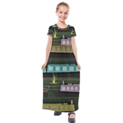 Narrow-boats-scene-pattern Kids  Short Sleeve Maxi Dress by Sudhe