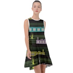 Narrow-boats-scene-pattern Frill Swing Dress by Sudhe