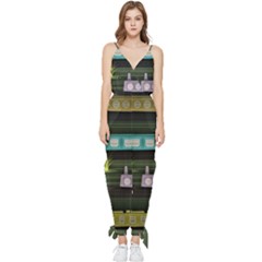 Narrow-boats-scene-pattern Sleeveless Tie Ankle Jumpsuit