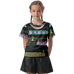 Narrow-boats-scene-pattern Kids  Front Cut Tee