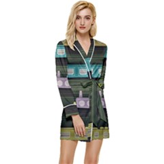 Narrow-boats-scene-pattern Long Sleeve Satin Robe